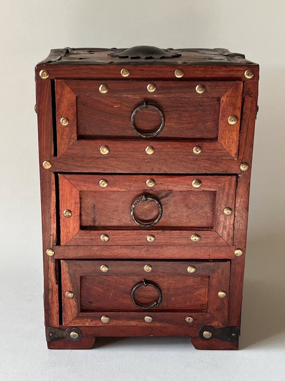 Vintage Handmade Solid Wood 3 Drawer Chest Cabinet Metal Stud Rustic Jewelry Box